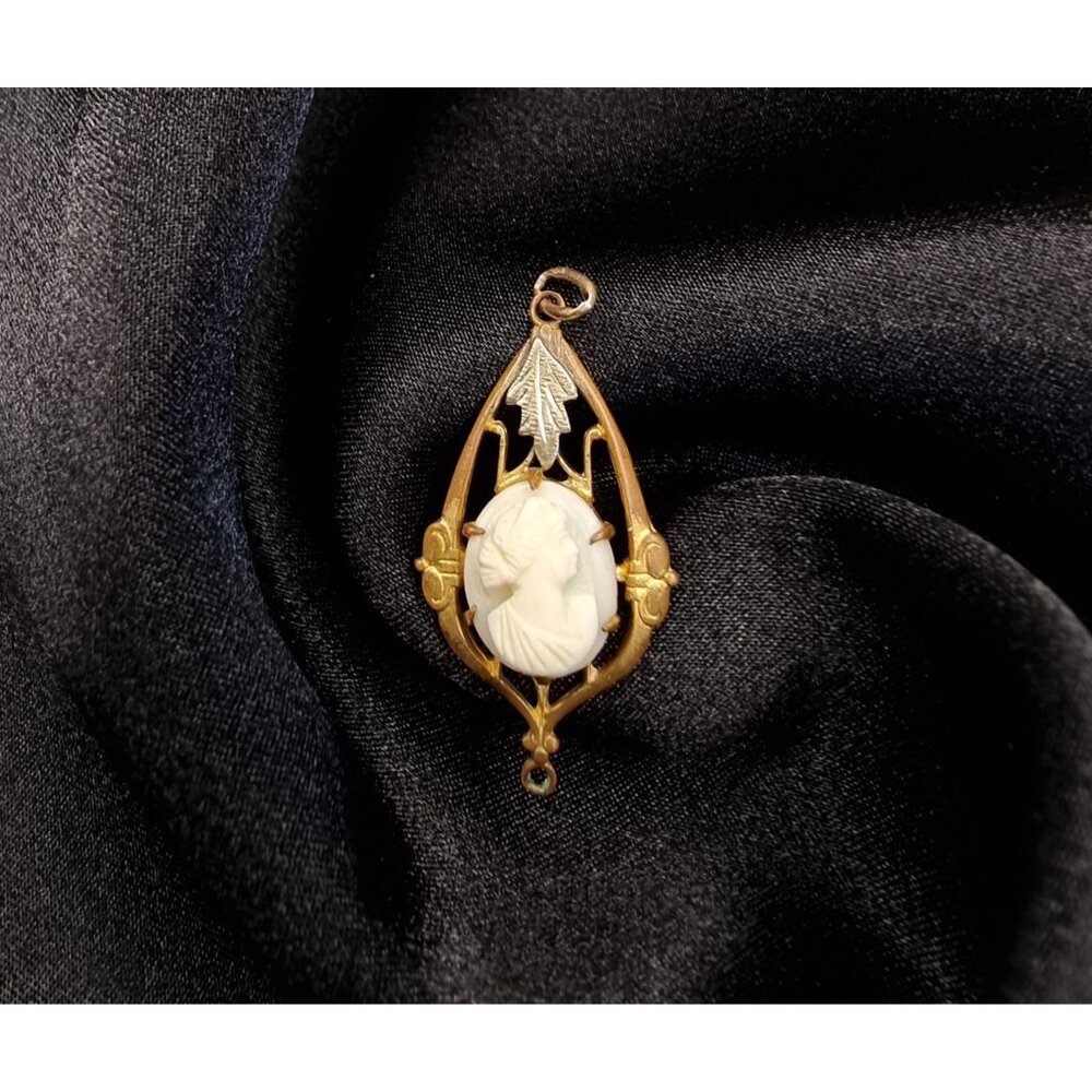 Antique Victorian Cameo Pendant With Intricate Frame And Leaf Detail
